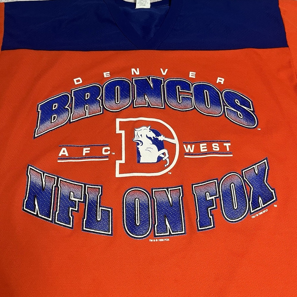 Broncos Jersey Size Large Orange Blue Vintage NFL On Fox Football - Picture 3 of 11